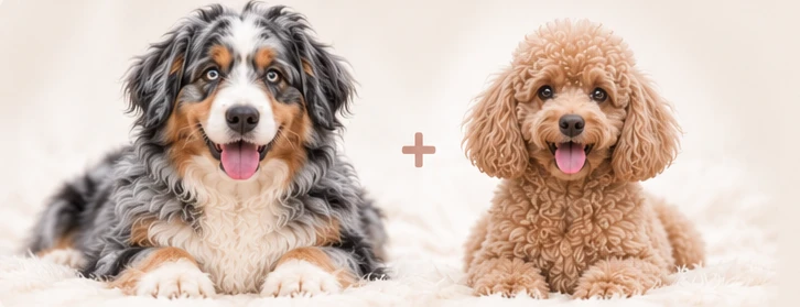 Blue merle tricolour Australian Shepherd with apricot Mini Poodle